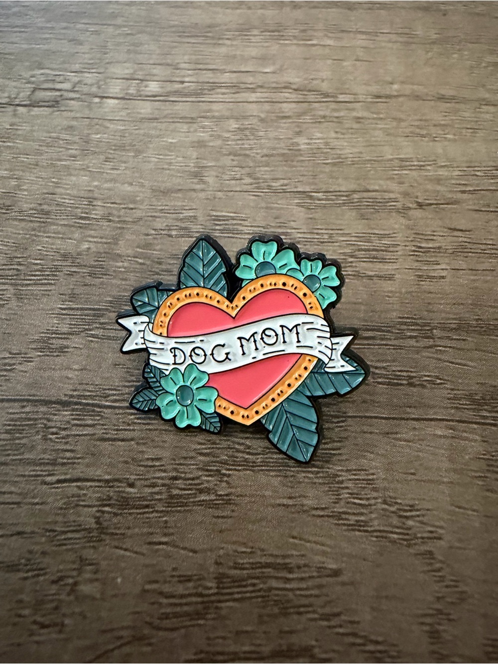 Dog Mom Heart Enamel Pin in Coral and Teal